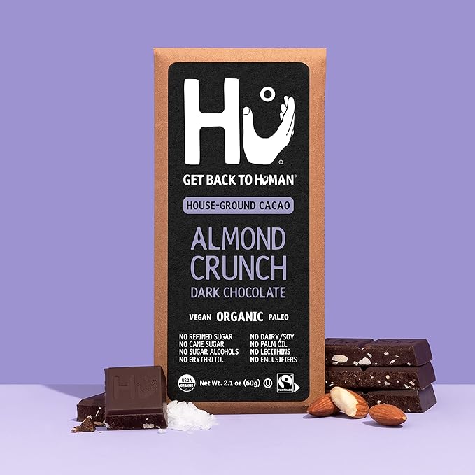 Hu Chocolate Bars | 12 Pack Almond Crunch Chocolate | Natural Organic Vegan Gluten Free Paleo Non GMO Fair Trade Dark Chocolate | 2.1oz Each