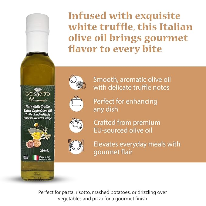 Diamante Italy White Truffle Extra Virgin Olive Oil - White Truffle (Tuber magnatum Pico) Gourmet Oil for Dressing Seasoning Marinade &amp Drizzle - Non GMO &amp Product from Italy - 250ml