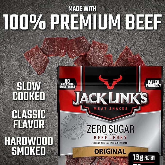 Jack Link's Beef Jerky Original Zero Sugar - Flavorful Meat Snacks Ready to Eat Protein Snacks with 13g of Protein per Serving Made with 100% Beef Keto Paleo Diet Friendly - 2.3 Oz. (Pack of 8)