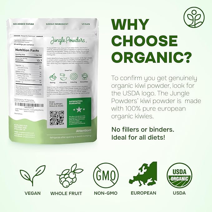 Jungle Powders Organic Kiwi Fruit Powder 5 Ounce Bag Freeze Dried Kiwi Organic Smoothie 3rd Party Lab Tested Kiwis No Added Sugar Whole Fruit Powder for Baking Flavoring Freeze Dry Extract for Baking