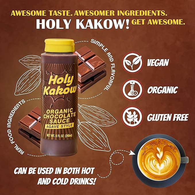 Holy Kakow Organic Chocolate Sauce - Organic Chocolate Syrup Sweetened with Agave Gluten Free Real Food Ingredients Use for Hot or Iced Drinks - 8oz 2-Pack