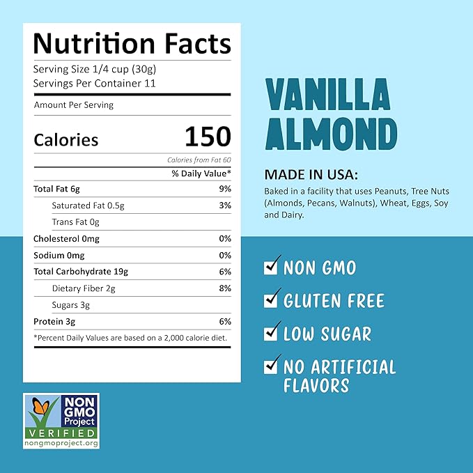 Kellys Four Plus Granola Cereal | Vanilla Almond Healthy Granola for Yogurt | Hand Made Organic Snacks for Breakfast - 12 oz (Pack of 6)