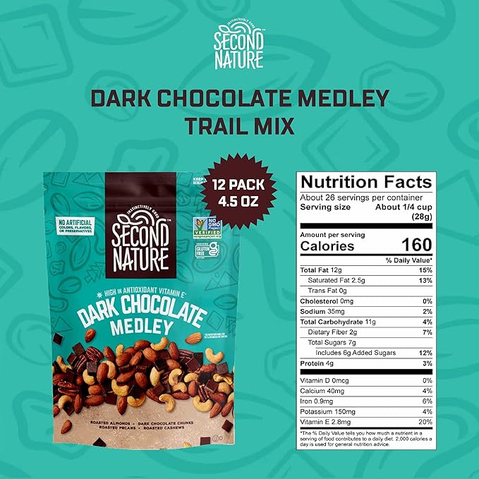Second Nature Dark Chocolate Medley Trail Mix 4.5 oz. Resealable Pouch (Pack of 12) – Certified Gluten-Free Snack Mix – Dark Chocolate and Nut Trail Mix Ideal for Quick Travel Snacks or Lunch Snacks