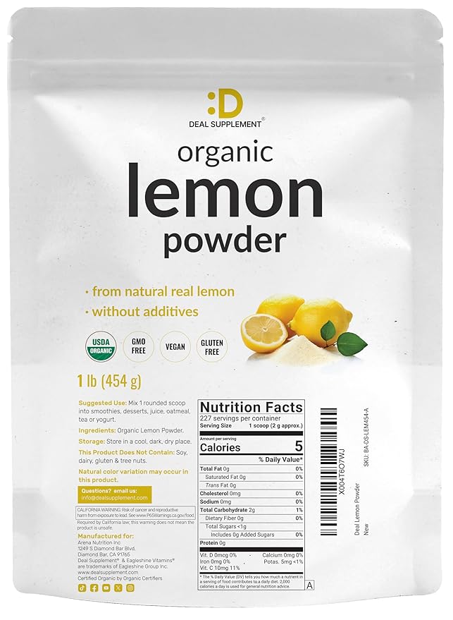 Organic Lemon Powder 1lb – Real Freeze-Dried Source – Rich in Essential Vitamin C – Natural Immune Support – Raw Lemon Juice Flavor &amp Aroma – Non-GMO Filler Free No Sugar