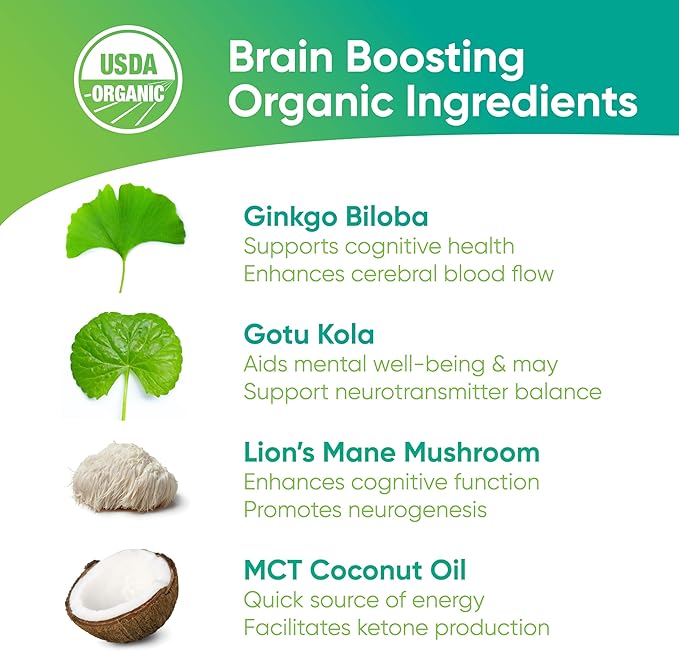 Brain Tea Focus &amp Memory - Brain Tea Organic Certified 4-in-1 Nootropic Herbal Supplement with Ginkgo Biloba Gotu Kola Lion’s Mane Mushroom MCT Caffeine-Free for Mental Clarity (30 Sachets)