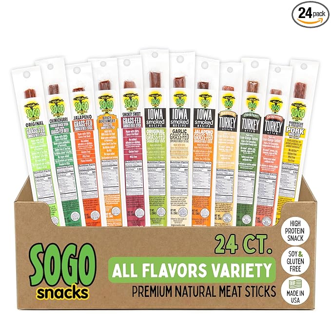 12 Flavor Variety Meat Sticks. No Added Nitrates Gluten Soy MSG Dairy Nuts. 8 Grass-fed Beef Flavors 3 Free-range Turkey Flavors &amp 1 Natural Pork Flavor (2 of Each 24-cnt 1-oz Stick)