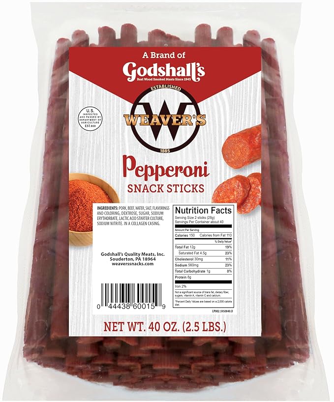 Weaver’s Pepperoni Snack Sticks (80 pepperoni flavored 7 pork snack sticks per 40oz bag)