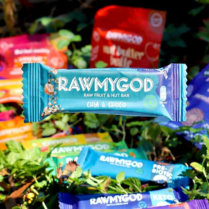 RAWMYGOD Fruit and Nut Bars Good Source of Protein (10g 25% protein content) Gluten Free Vegan No Added Sugar (16 bars Chia &amp Choco)