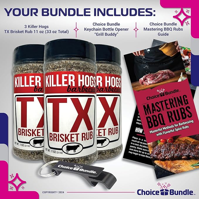 Killer Hogs TX Brisket Rub - Texas Style Premium BBQ Seasoning 3 pk (33 oz) + Barbecue Masters &amp Bottle Opener (5 Items)!