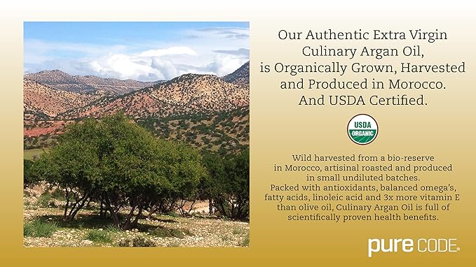 PURECODE Extra Virgin Culinary Argan Oil Cold Pressed - Edible Oil for Every Day Use - Organically Grown Harvested and Produced in Morocco - Natural Argan Oil - Moroccan Cooking (250mL)