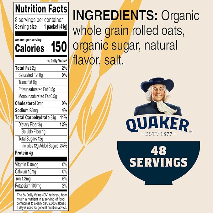 Quaker Instant Organic Oatmeal Maple &amp Brown Sugar Breakfast Cereal 8 Packets Per Box (Pack of 6 Boxes)