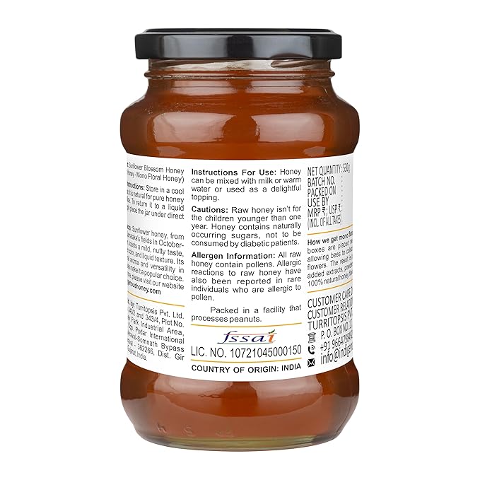 INDIGENOUS HONEY Sunflower Honey Raw Organic Natural Pure Unprocessed NMR Tested Unpasteurized Unheated 530g Glass Jar Pack of 1