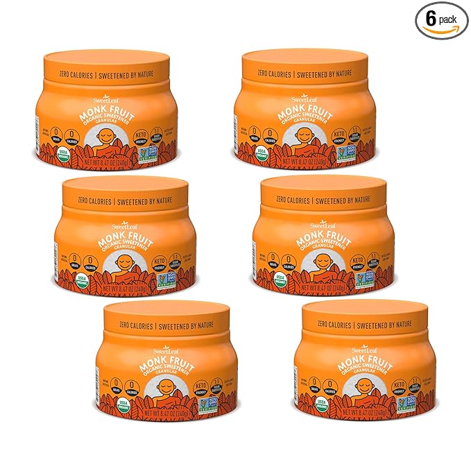SweetLeaf Organic Monk Fruit Sweetener Granular - Keto Friendly Natural Sugar Substitute for Coffee Tea and Baking Zero Calorie Organic Monk Fruit Non GMO Sugar Free - 8.47 Oz Jar (Pack of 6)