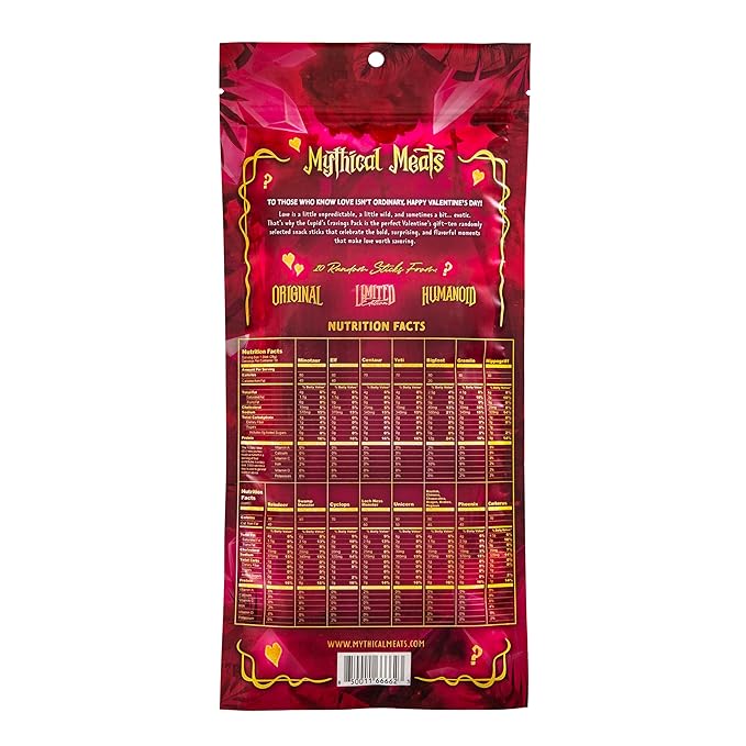 Mythical Meats Cupid's Cravings Random Flavor Sampler Pack – 10 Random Exotic Game and Beef Snack Sticks – Dried &amp Dehydrated Meats Seasoned to Perfection – High Protein Keto Friendly Snacks