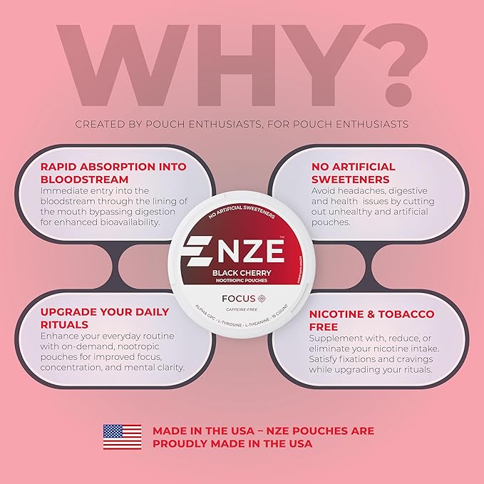 NZE Caffeine Free Nootropic Pouches (Black Cherry) - Nootropic Pouches with Alpha GPC L-Tyrosine &amp L-Theanine - No Sugar or Artificial Sweeteners - 15 Pouches Per Can - 5 Pack