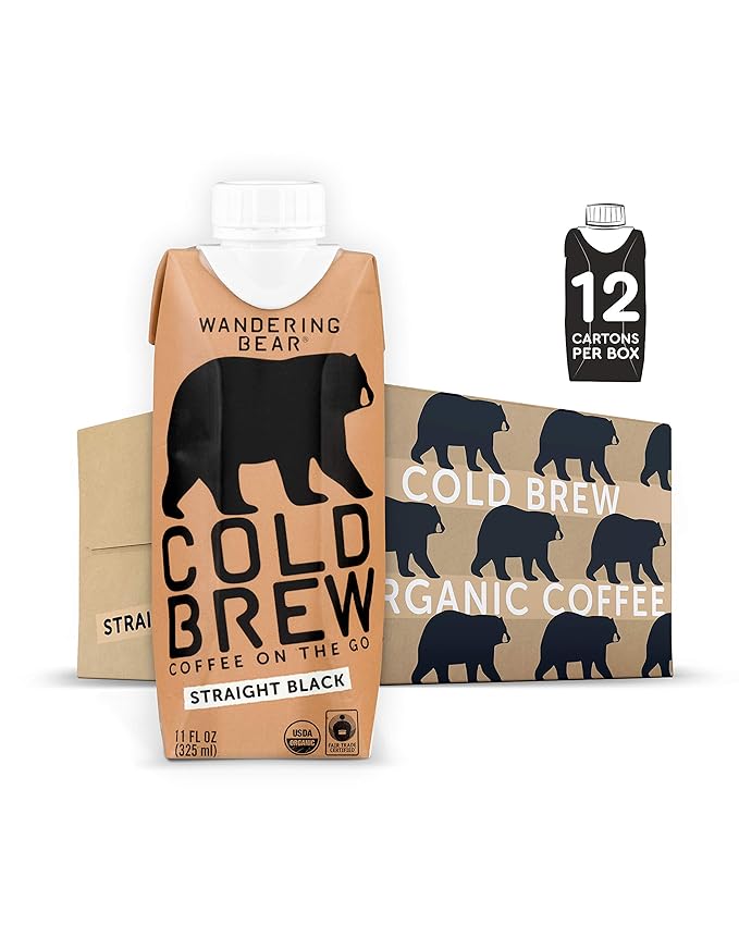 Wandering Bear Straight Black Organic Cold Brew Coffee On-the-Go - Extra Strong Bold Smooth Unsweetened Shelf-Stable Ready to Drink &amp Vegan 100% Organic Iced Cold Brewed Coffee Drink -11 fl