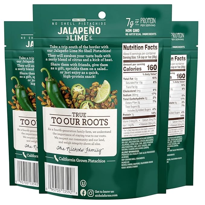 Nichols Farms Pistachios - Fresh Roasted No Shell Pistachio - Nutrient Rich Nuts Snack Packs - Non-GMO California Grown - Healthy Wonderful Tasting Party Snack - (Jalapeño Lime)