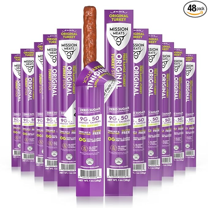 Mission Meats Turkey Sticks 100% Free Range Turkey Jerky Zero Sugar Delicious Healthy Snacks 9g Protein Individually Wrapped Gluten Free Original 1oz (48ct)