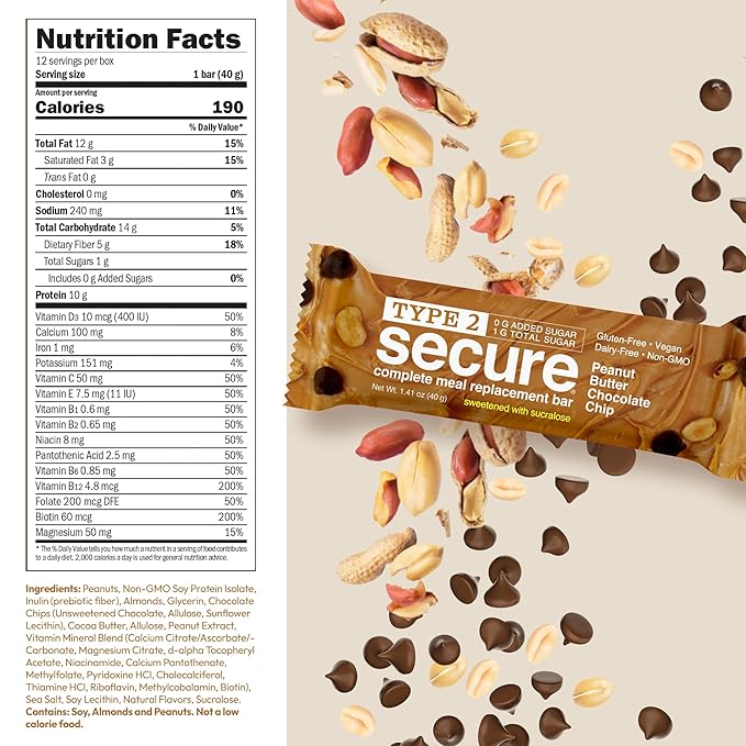 ANDREW LESSMAN Type 2 Secure Complete Meal Replacement Bars (Sucralose) – Peanut Butter Chocolate Chip – 36 ct box – 10g Protein 0g Added Sugar 16 Essential Vitamins &amp Minerals Gluten-Free Veg