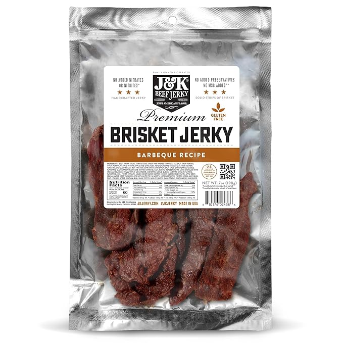 J&ampK Beef Brisket Jerky – BBQ Flavor – Hand Crafted Small Batch American Made Slab Jerky – Bold &amp Smoky Snack – 7oz Big Bag