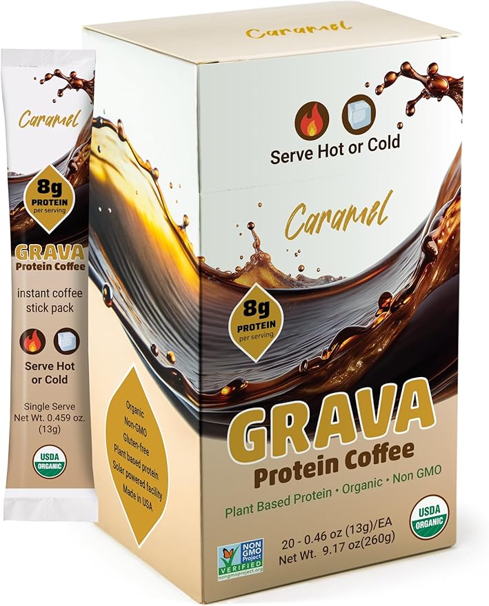 Grava Organic Plant Protein Coffee Sticks Caramel - 8g Plant Protein 80mg Caffeine - Monk Fruit Sweetener - USDA Organic Non-GMO &amp Fair Trade - Gluten Free &amp Vegan - Single Serve Packet 20