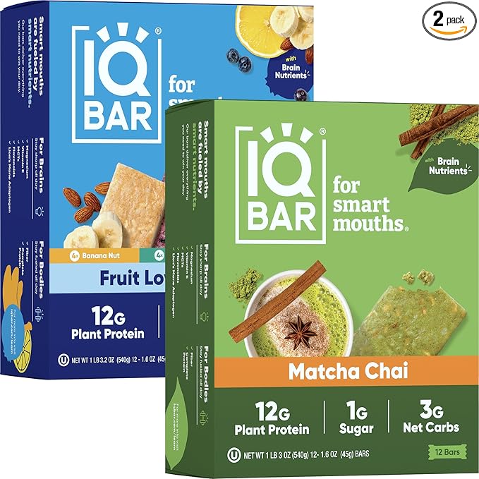 IQBAR Clean Plant Protein Bars - Fruit Lovers Variety and Matcha Chai 12 Count Bundle - Keto Vegan High Fiber Gluten and Dairy Free Low Sugar Snack - Brain and Body Nutrients for Focus Energy