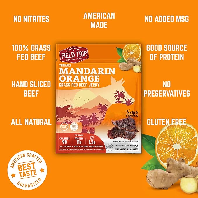 Field Trip Grass Fed Beef Jerky Healthy Gluten Free Snacks All Natural Paleo-Friendly Beef Jerky High Protein Low Carb Snack with No Nitrates 2.2oz Bag 4 Pack Mandarin Orange Teriyaki