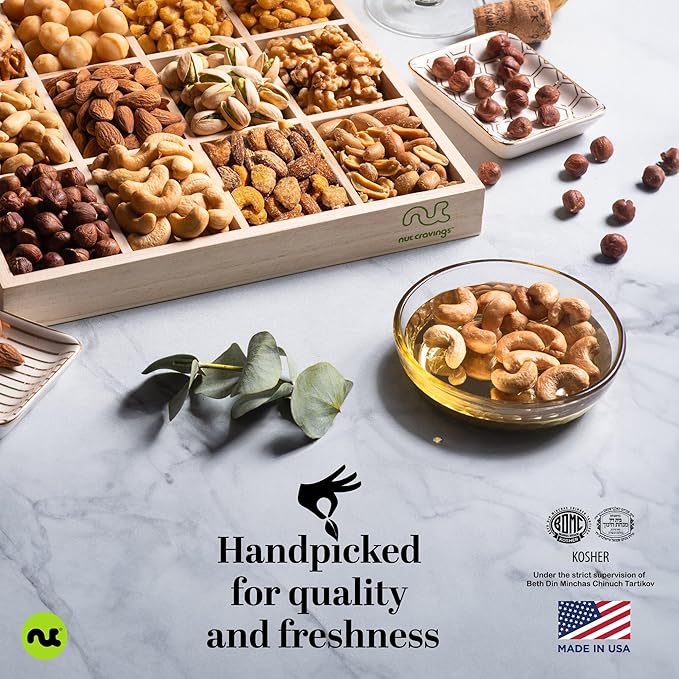 NUT CRAVINGS Gourmet Collection - Congratulations Nuts Gift Basket with Congrats Ribbon + Greeting Card in Reusable Wooden Tray (12 Assortments) Graduation Food Arrangement Healthy Snack
