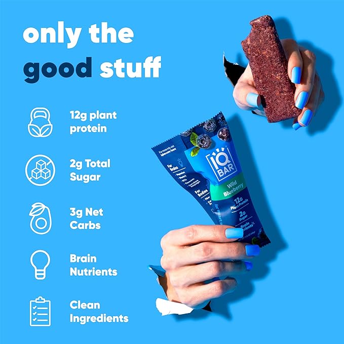 IQBAR Clean Plant Protein Bars - Wild Blueberry - 12 Count - Keto Vegan High Fiber Gluten and Dairy Free Low Sugar Snack - Brain and Body Nutrients for Focus Energy Meal Replacement