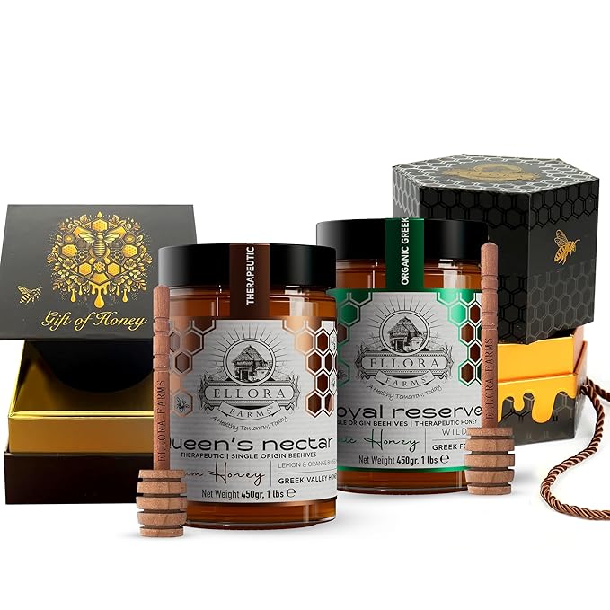 Ellora Farms Organic Greek Honey Bundle – Lemon Orange Blossom &amp Wild Thyme Raw Unfiltered Award-Winning 2025 Paris/Dubai Non-GMO Gift Pack with Dipper 2 x 450g