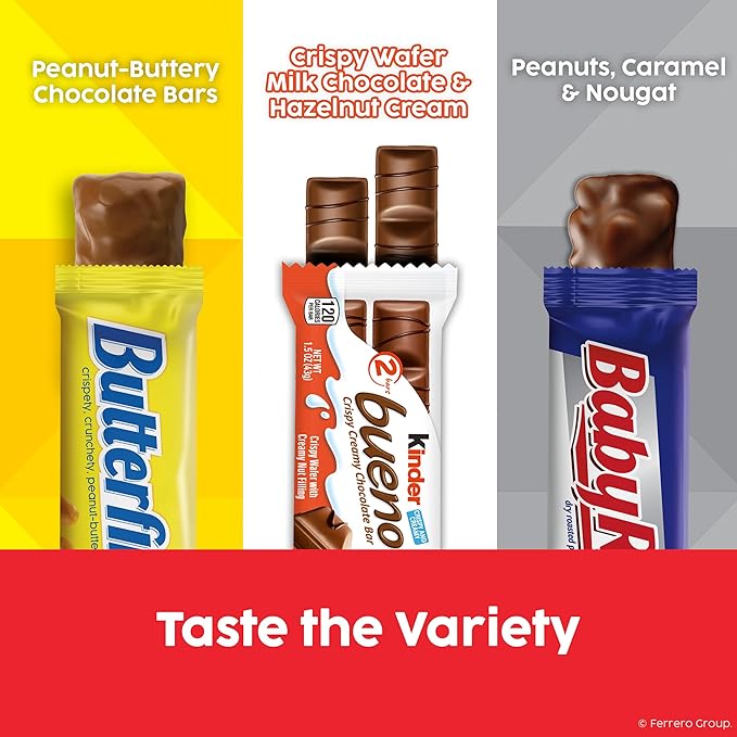 Butterfinger Baby Ruth Kinder Bueno Assorted Crispy Creamy Nutty Variety Mix 15 Count Full Size Candy Bars 26.2 oz