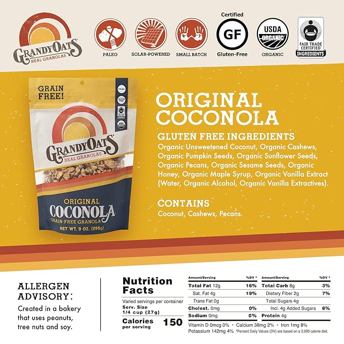 GrandyOats Gluten Free Granola (Certified Organic Paleo Friendly Non-GMO Grain Free Low Carb and Low Sugar) Original Coconola 27 Oz