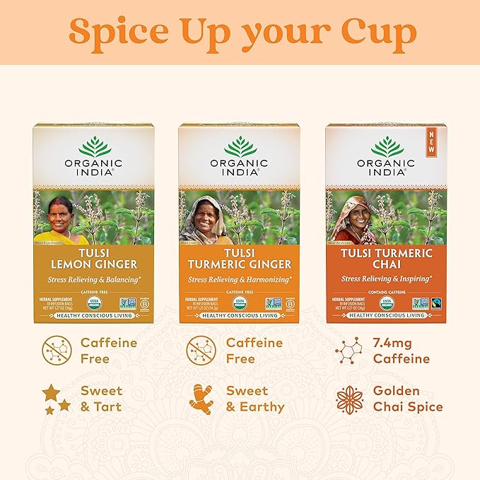 ORGANIC INDIA Tulsi Tumeric Ginger Herbal Tea - Stress Relieving &amp Harmonizing Immune Support Aids Digestion Vegan Caffeine-Free - 54 Infusion Bags 3 Pack