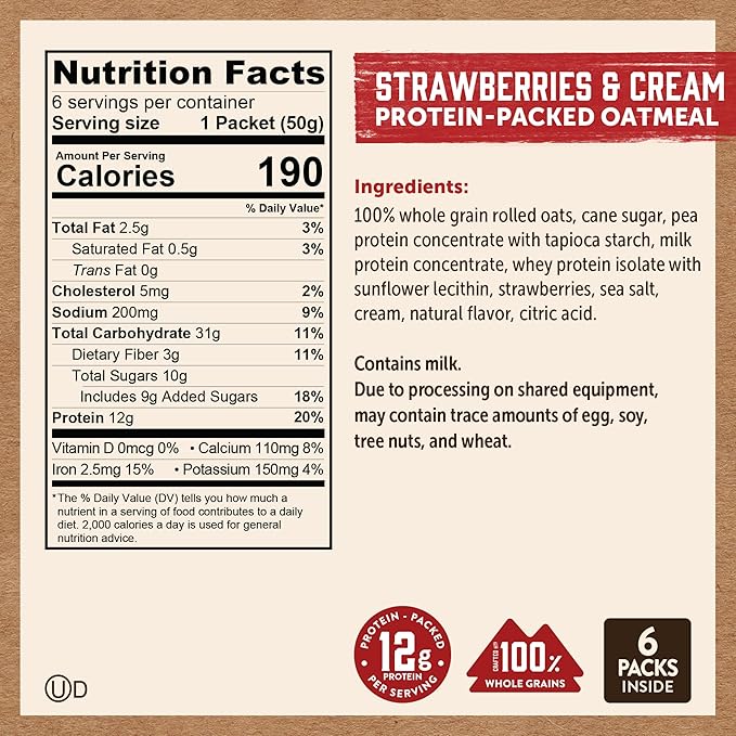Kodiak Instant Oatmeal Packets Strawberries &amp Cream High Protein 100% Whole Grains 6 boxes with 6 packets each (36 packets total)
