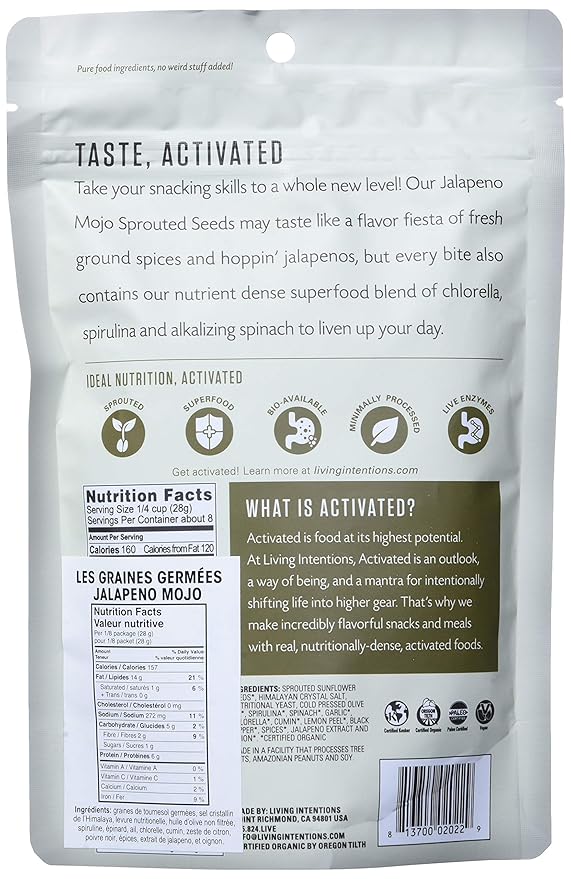 Living Intentions Organic Sprouted Sunflower Seeds: Jalapeno Mojo – NonGMO – Gluten Free – Vegan – Paleo – Kosher – 8 Ounce Unit (Pack of 2)
