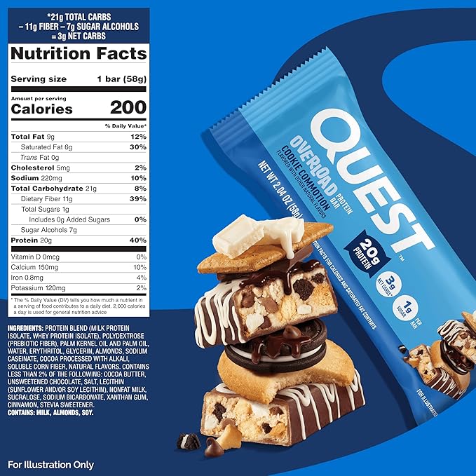 Quest Nutrition Overload Protein Bars Cookie Commotion 20g Protein 1g Sugar 3g Net Carbs Gluten Free 12 Count