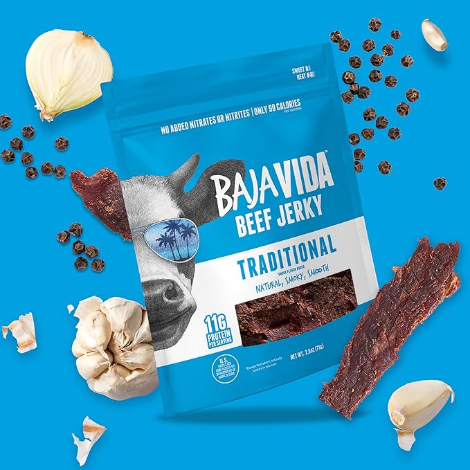 BAJA BEEF Traditional Beef Jerky - Sweet and Spicy Beef Jerky Snack Packs Healthy Jerky Gluten-Free All-Natural Beef No MSG Made in the USA - 2.5 Oz Bags (Pack of 4)