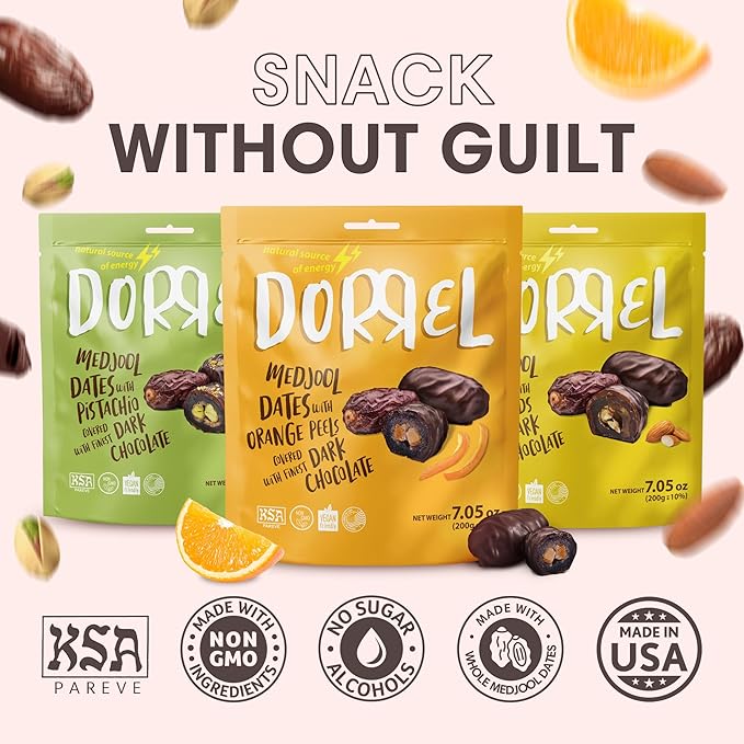 DORREL - Trio Bundle Pack: Belgian Dark Chocolate Covered Dates Medjool with Candied Orange Peels Salted Almonds &amp Pistachio Stuffing High Energy Kosher Non-GMO Choco Snack Pack of 3 7.05 oz Ea