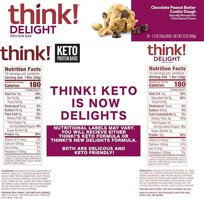 think! Delight Keto Protein Bars Healthy Low Carb Gluten Free Snack - Chocolate Peanut Butter Cookie Dough 10 Count (Packaging May Vary) (Pack of 2)