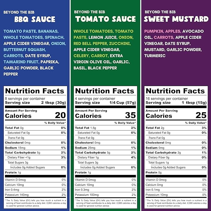 Beyond the Bib All Natural Toddler Sauces for Picky Eaters - Hidden Vegetables No Added Sugar Quick &amp Healthy Mealtime Solution - For 24+ Months (Tomato BBQ Sweet Mustard)