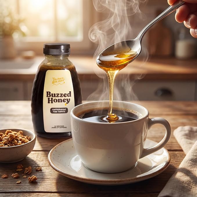Buzzed Honey - Raw Unfiltered Honey with Natural Green Tea Caffeine Caffeinated Honey Sweetener for Coffee Tea Smoothies &amp Workouts Clean Energy Boost 4 Ingredients16 oz (32 Servings)