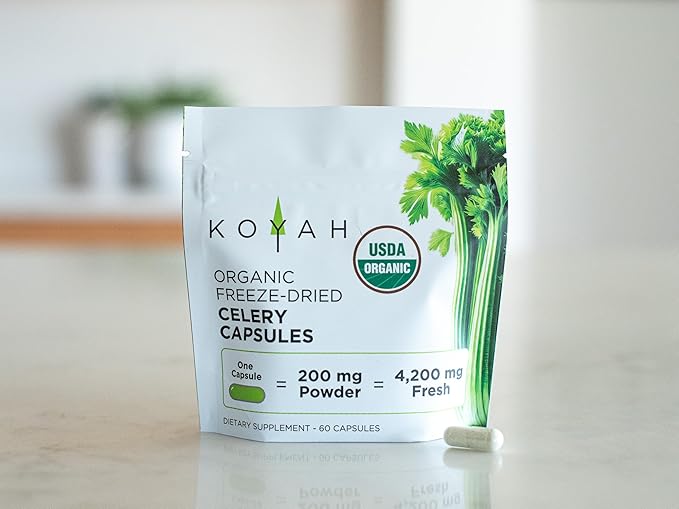 KOYAH - Organic Celery Capsules – 200 mg Freeze-Dried Whole-Stalk Powder (Equals 4200 mg Fresh) – 60 Vegan Capsules – No Binders or Fillers – USDA Organic Non-GMO Gluten-Free