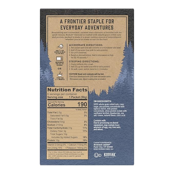 Kodiak Instant Oatmeal Packets Blueberries &amp Cream High Protein 100% Whole Grains 6 boxes with 6 packets (36 packets)