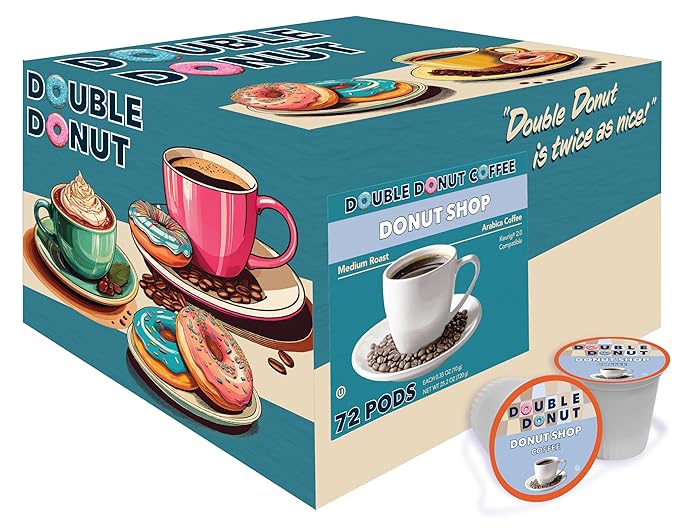 Double Donut Coffee Double Donut Donut Shop Flavored Coffee PodsMedium Roast Coffee Compatible with Keurig K Cups Brewers 72 Count Value Pack