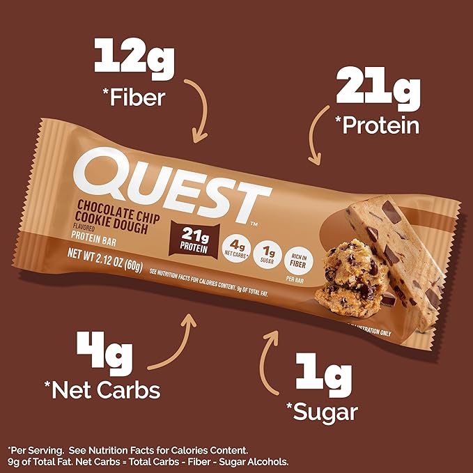 Quest Nutrition Chocolate Chip Cookie Dough Protein Bars High Protein Low Carb Gluten Free Keto Friendly 12 Count