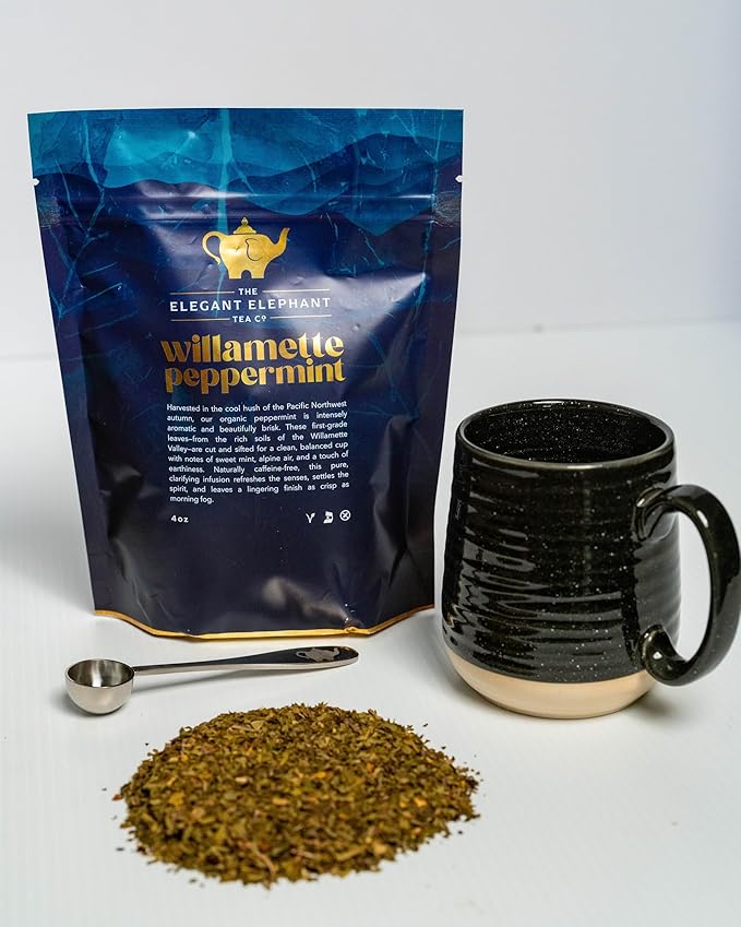 Willamette Peppermint Tea Organic Loose Leaf Mint Herbal Tea – Soothing Caffeine-Free – Refreshing Hot or Iced – 4 oz Resealable Bag (Makes 50 Cups) – The Elegant Elephant