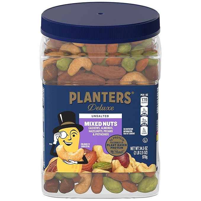 PLANTERS Unsalted Premium Nuts 34.5 oz Resealable Container- Contains Roasted California Pistachios Cashews Almonds Hazelnuts &amp Pecans - No Artificial Flavors or Colors