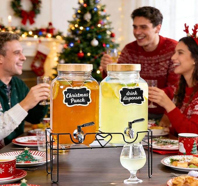 2 Pack1Gallon Glass Drink Dispenser with Stand&ampBamboo Lids&ampFruit Infuser304 Stainless Steel Leak-Proof SpigotBeverage Dispenser for PartiesWater Sangria Juice Sun Tea Lemonade(Natural)