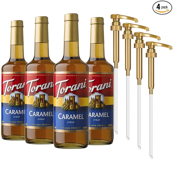 Torani Caramel Coffee Syrup for Drinks &amp Desserts Glass Bottle 4-Pack Pumps Included 25.4 Fl Oz Ea