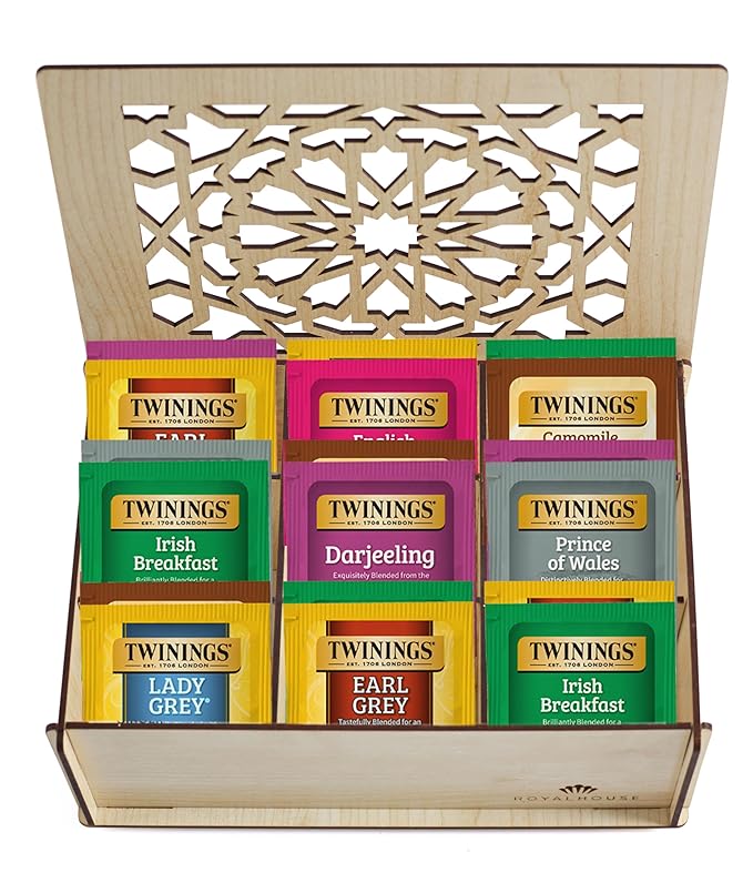 Twinings Tea Bag Sampler Variety with White Wooden Organizer (60 Count) 40 Different Flavours Gift for Tea Lovers: Women Men Mom Dad Family Friends Couples